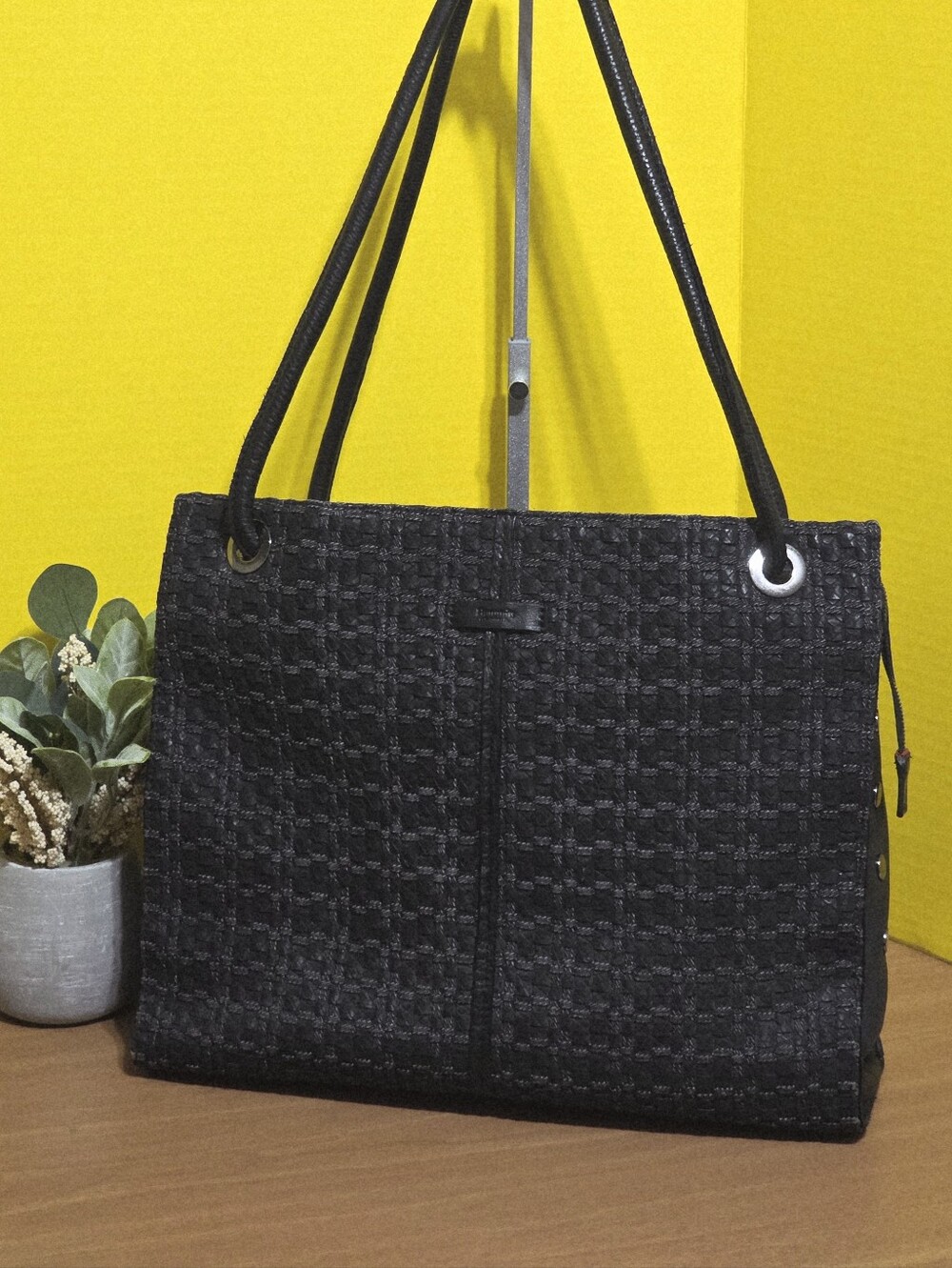 Hammitt Benjamin Leather Woven Large Shoulder Tote Bag Purse Top Zip Black - Picture 5 of 12